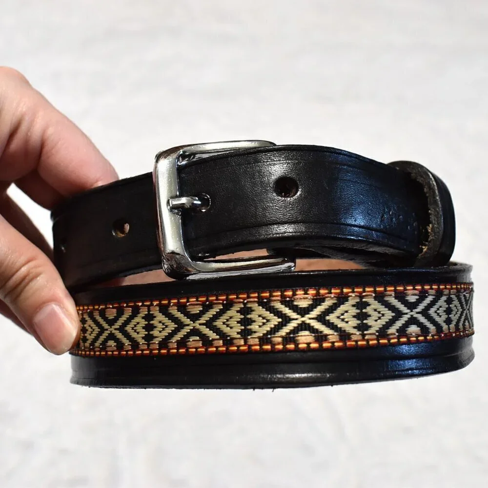 Western Black Leather Belt Sz 28 / 34 Aztec Rodeo Boho Cowboy Artisan